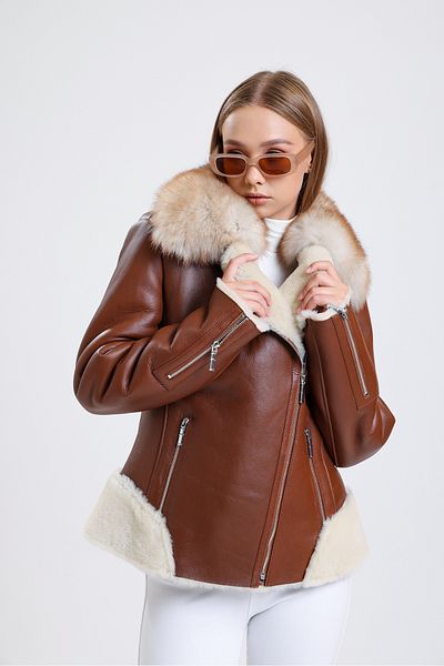 By Marki Marki Special Fur Collar - Luxury and Stylish Design Brown Leather Jacket Genuine Leather - 111722