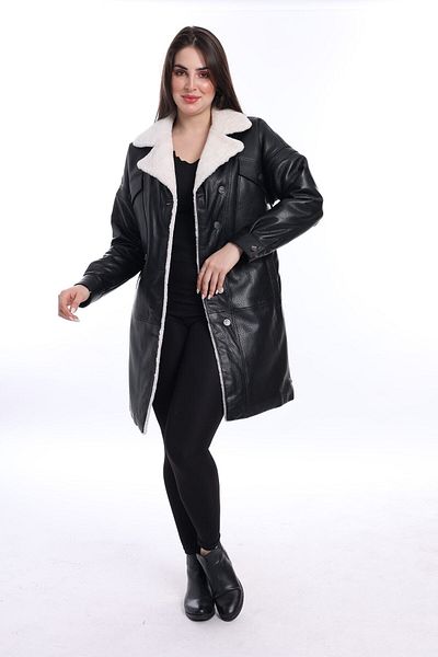 By Marki Marki Black Leather Coat - Fur Collar, Long Inflatable, 90 cm Length, Stylish - 111522
