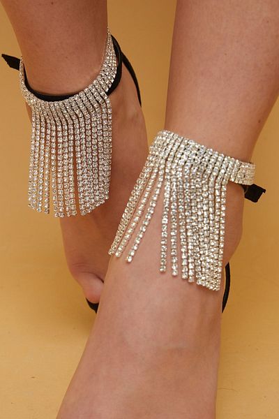 Furtek Aksesuar Women's Lora Silver Crystal Stone Dangle Fringed Adjustable Chain Foot Anklet Model