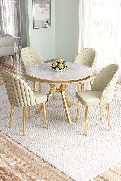 Canisa Mos Serisi 90x90 Lak Panel Beyaz Mermer Desen Gold Kaplama Mutfak Masa...