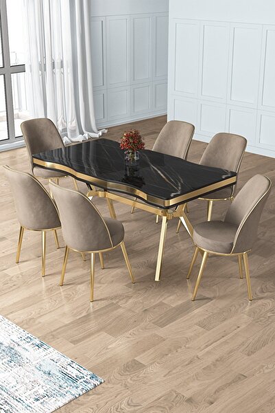 Canisa Prah Serisi 90x160 Lak Panel Sonata Desen Gold Ayak Masa Takımı 6 Capp...