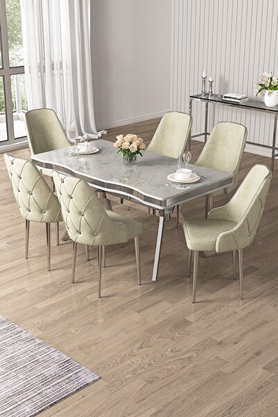 Canisa Vae Serisi 90x160 Lak Panel Beyaz Mermer Desen Krom Ayak Masa Takımı 6...