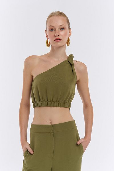 Quzu Khaki Single Shoulder Crop Linen Blouse