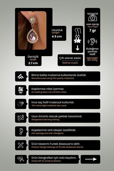Furtek Aksesuar Women's Radiante Pink Model Zircon Stone Silver Evening Dress Dangle Wedding Engagement Party Prom Daily Earrings