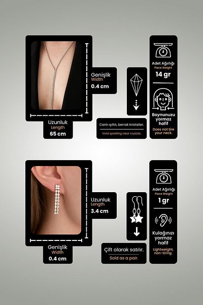 Furtek Aksesuar Women's 2 Row Model Crystal Zircon Stone Silver Waterway Necklace Earring Set Evening Dress Long Jewelry Set