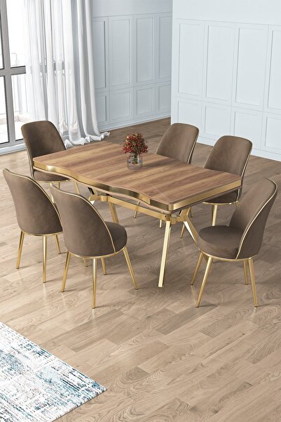 Canisa Prah Serisi 90x160 Lak Panel Hazar Gold Ayak Masa Takımı 6 Cappucino S...