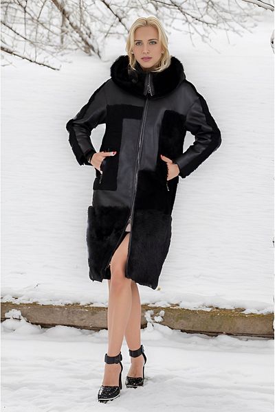 By Marki Marki 80 cm Long Genuine Leather Coat - Furry Hood and Fur Inside