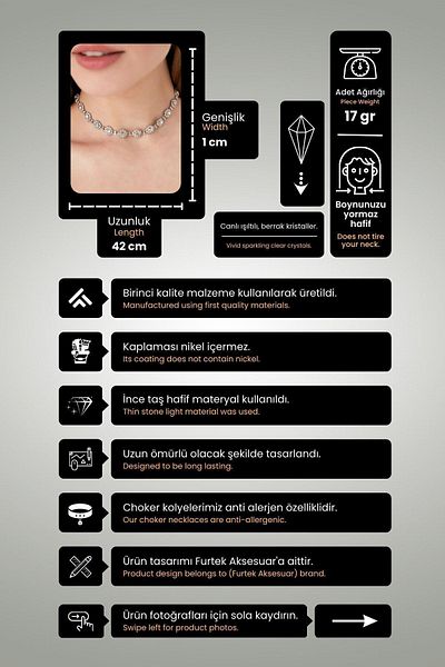 Furtek Aksesuar Women's Helena Crystal Zircon Stone Model Silver Evening Dress Wedding Engagement Promise Henna Bride Daily Choker