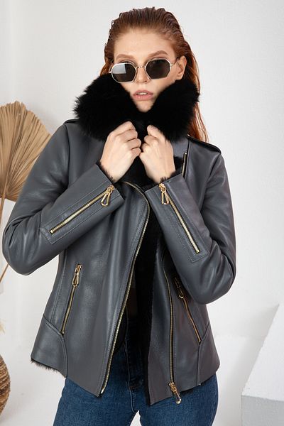 By Marki Marki Black Anthracite Fur Leather Jacket - Women's Collared Leather Jacket 113522