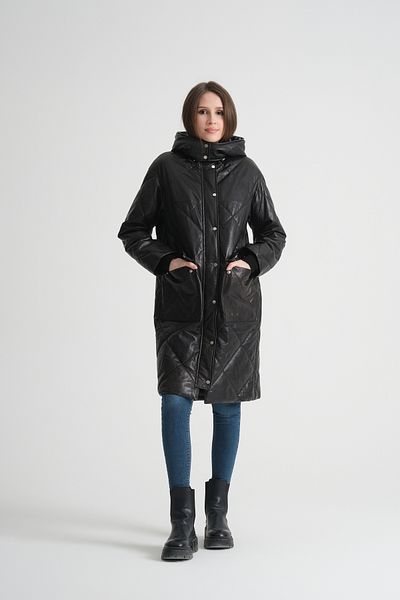 By Marki Marki Black Genuine Leather Puffer Coat - Modern Design, Hooded, Zippered with Snap Fasteners - 114222