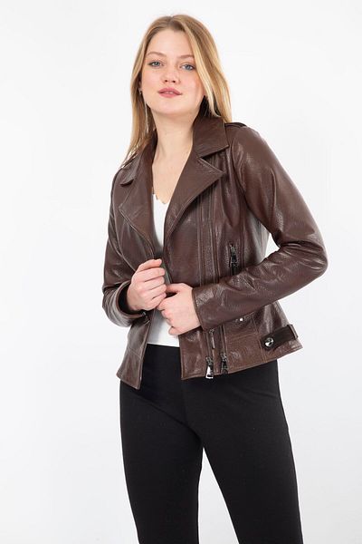 By Marki Marki Brown Genuine Leather Women's Coat - Double Breasted Collar, Zippered, Classic Design, 57 cm - 10030905