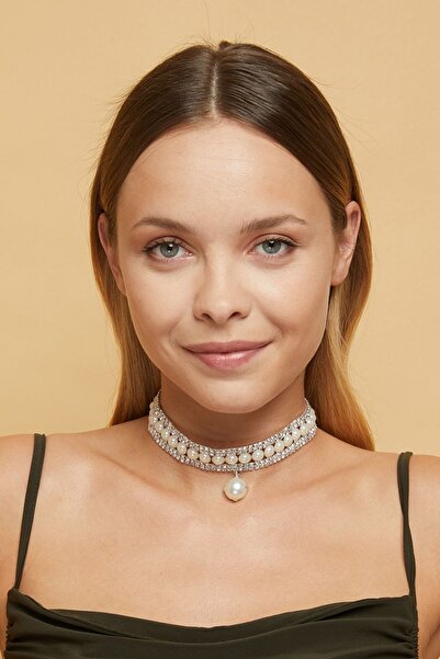 Furtek Aksesuar Kadın Inci Model Zirkon Taşlı Pırlanta Gümüş Kolye Gerdanlık Abiye Düğün Nişan Gelin Tasma Choker