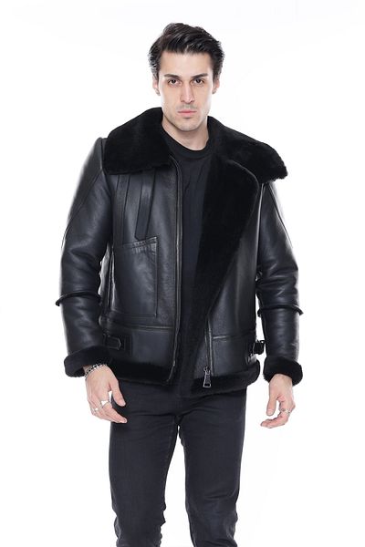 By Marki Marki Genuine Leather Men's Coat - Turtleneck, Black Fur, Zippered Oversize Model - 500422
