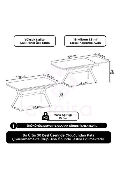 Canisa Antrasit İroni 89x150 Açılabilir Lak Panel Yemek Masası Krom Ayak