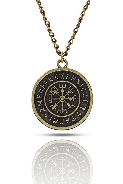 kolbi İskandinav Vegvisir Viking Pusula Kolye - Antik Sarı Kaplama Klasik Zin...