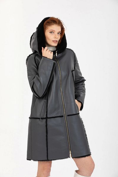 By Marki Marki Women's Genuine Leather Coat, Anthracite Fur Hooded Long Coat, Long Women's Coat -113422