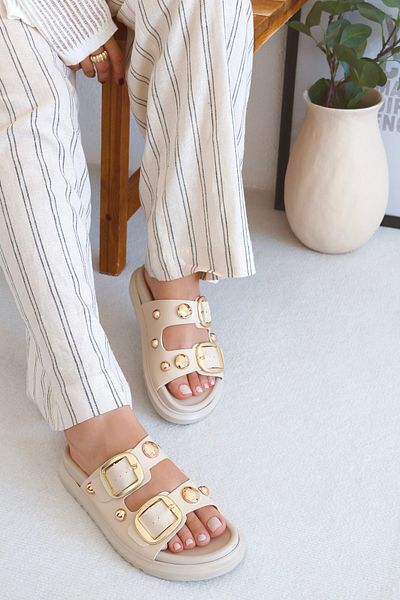 POLKA STORE Papuci de damă Glamour cu dungi duble, cu cataramă aurie, confort zilnic