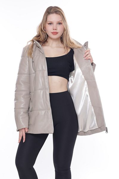 By Marki Marki Genuine Leather Puffer Coat with Hood, Long Puffer Leather Coat with Hood, Beige Leather Coat -111322