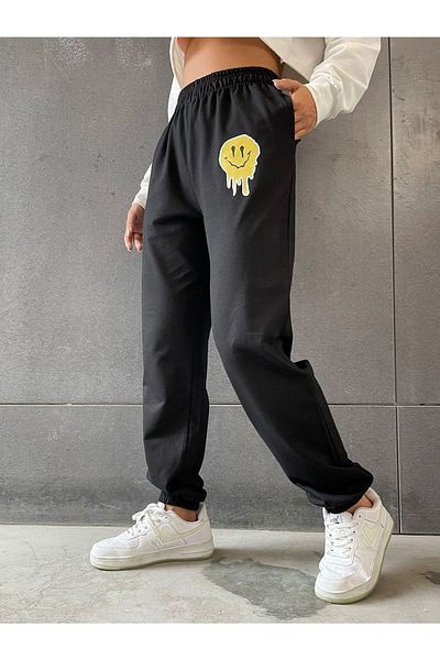 Trendseninle Pantaloni de sport de vară cu imprimeu Smile pentru femei negre