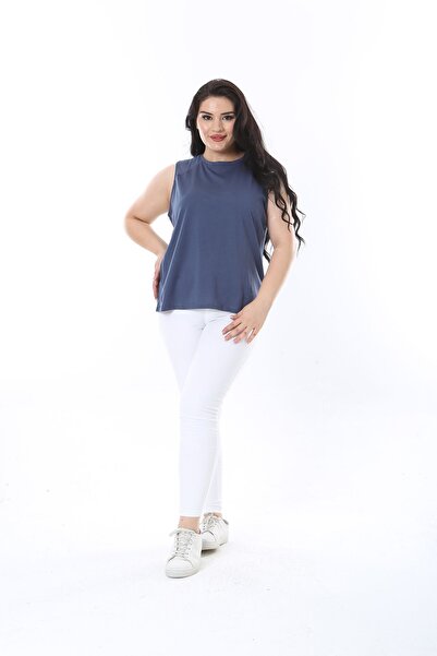 Şans Plus Size Indigo Tank Top - Tulle Shoulder Detail 65n38225