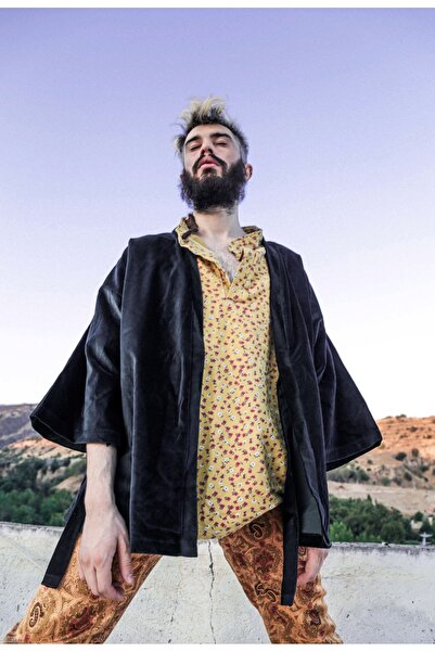 melongeneco Siyah kadife oversıze kimono siyah unisex hırka kuşaklı salaş