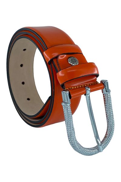Süzer Deri 100% Genuine Leather Women's Belt with Stone Buckle - 3.5 cm Wide