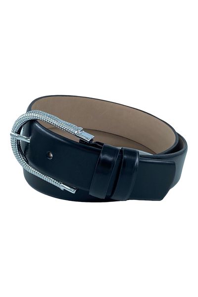 Süzer Deri Women's Stoned Silver Buckle 100% Genuine Leather 3.5 cm Wide Belt