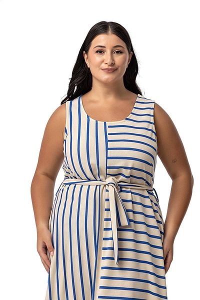 DISENTIS MODEST Ασύμμετρο Saks Μπλε Ριγέ Φόρεμα Plus Size - Χοντρές τιράντες και τσέπες