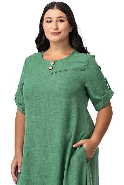 DISENTIS MODEST Green Long Dress - Plus Size, Folded, Half Sleeve and Epaulettes