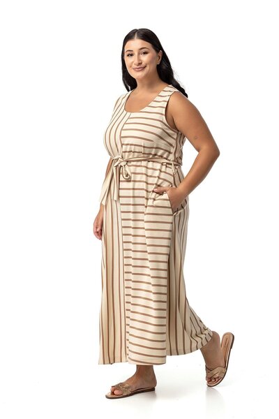 DISENTIS MODEST Plus Size Asymmetrical Mink Striped Dress - Thick Sling and Belt Detail