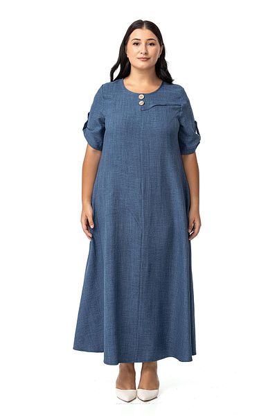 DISENTIS MODEST Μακρύ Indigo φόρεμα με λεπτομέρεια με σκίσιμο - Plus Size, διπλωμένο και επωμίδα