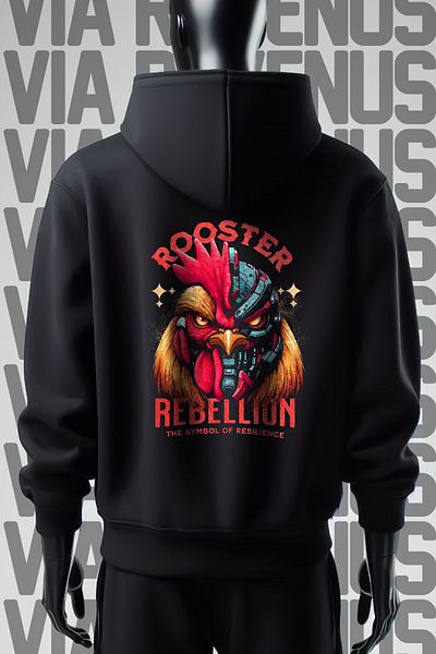 Vordevia Черен суитшърт с качулка Rooster Rebellion с 3 прежди и широк модел - с щампа отпред и отзад