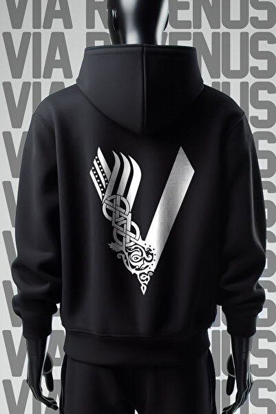 Vordevia سويت شيرت أسود بغطاء للرأس مطبوع عليه 3 خيوط من الفايكنج