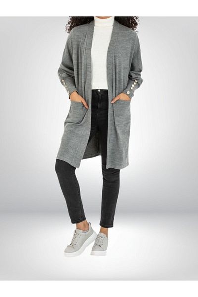 Pasaklı Giyim Women's Sleeves Button Detailed Slit Soft Textured Gray Long Knitwear Cardigan3442260