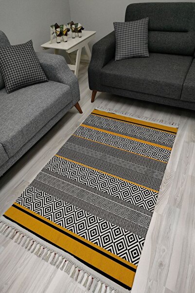 kilim home Covor Kilim din bumbac 3004 Galben Negru cu model geometric, covor...