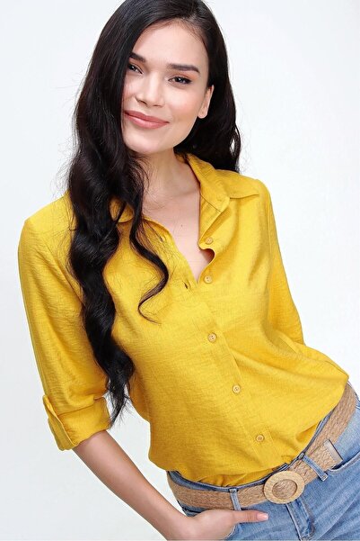 Pasaklı Giyim Cămașă pentru femei, muștar, cu mâneci lungi, pliabile, din in,...