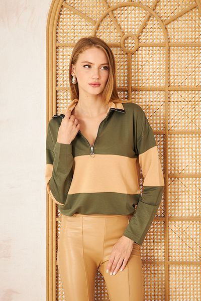 Pasaklı Giyim Khaki Beige Polo Collar Zippered Sweatshirt - Casual Basic Model 3471210