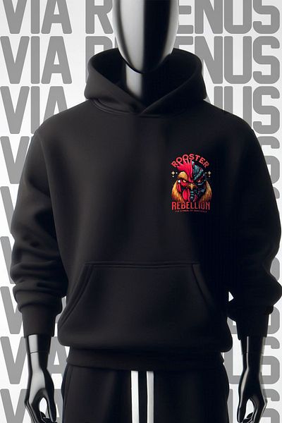 Vordevia Черен суитшърт с качулка Rooster Rebellion с 3 прежди и широк модел - с щампа отпред и отзад