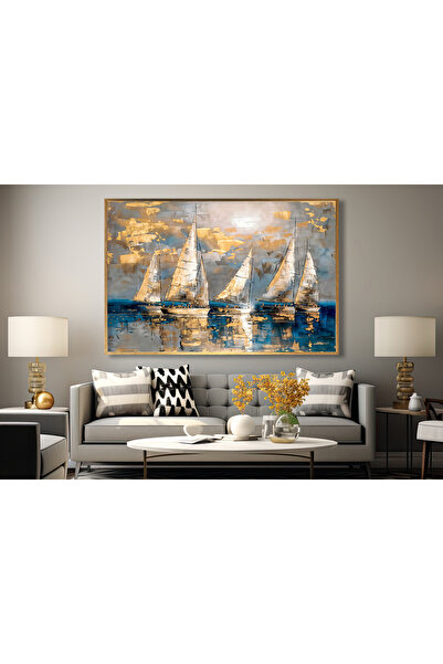 Tablosan Yağlı Boya Dokulu Tablo Modern Denizde Yelkenliler Altın Çerçeveli U06033