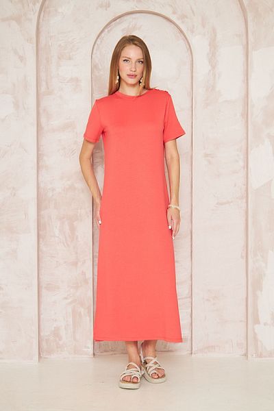Pasaklı Giyim Rochie de damă în culoarea coral - mânecă scurtă, despicată, nasturi pe umeri, sport casual 3618260