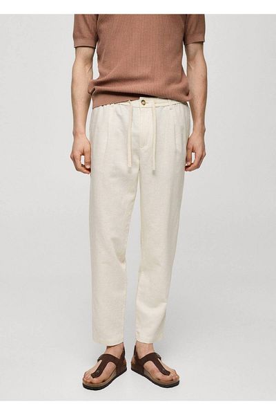 MANGO Man Slim fit plátěné kalhoty v pase se stahovací šňůrkou
