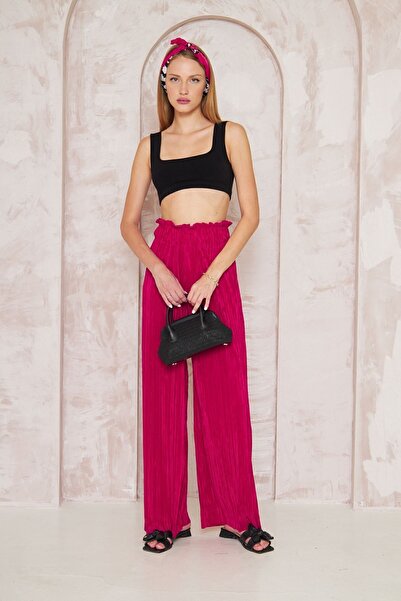 Pasaklı Giyim Fuksija Visok struk i Široke nogavice Pleteno pantalone - širok...