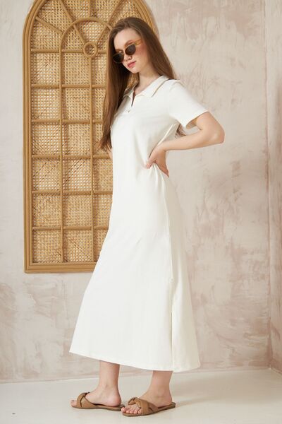 Yıldızistan Γυναικείο λευκό σχίσιμο με πλήρη εφαρμογή Polo λαιμόκοψη κοντό μανίκι μακρύ καθημερινό casual αθλητικό φόρεμα 3525250