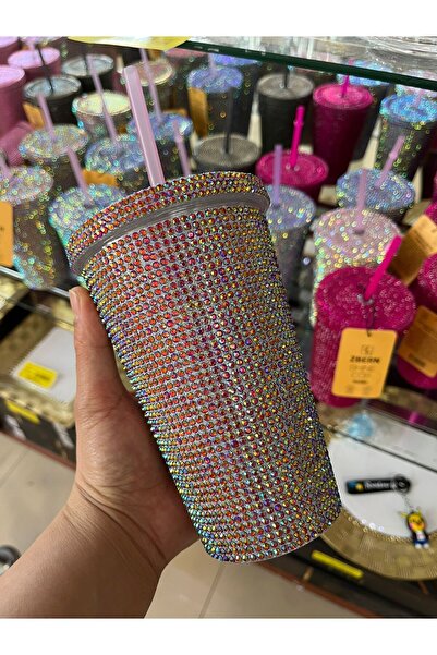 LILY HOME 500ml Stylish Mug Thermos Cup - With Shiny Stone Detail, Straw, Double Layers For Cold Drink