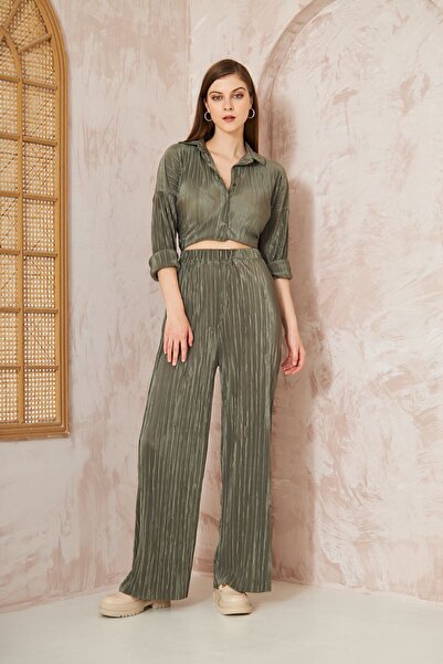 Yıldızistan Women's Khaki Lycra Wide Leg Elastic Waist Trousers Tunic Shirt Double Wrap Casual Suit 3573374