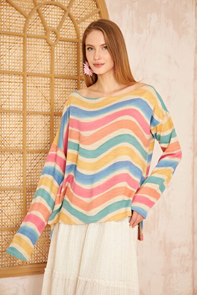 Pasaklı Giyim Γυναικείο πουλόβερ Extra Loose Oversize με μοτίβο ουράνιου τόξου - Φαρδιά λαιμόκοψη, ακρυλικό 3478