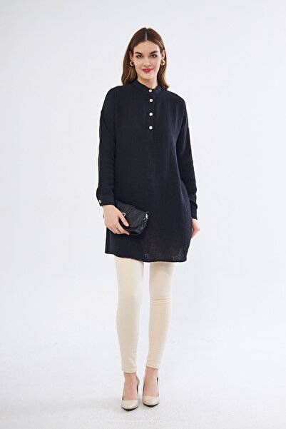 Yıldızistan Γυναικείο μαύρο μουσελίνα μακρυμάνικο φόρεμα με γιακά με τσέπη casual καλοκαιρινό πουκάμισο 3520260