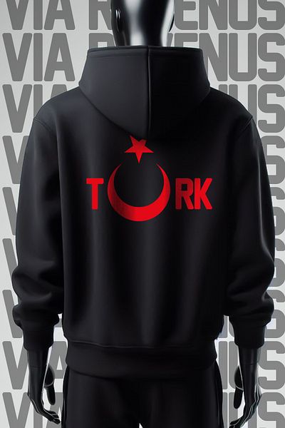 Vordevia Черен суитшърт с качулка и турски щампи с 3 нишки