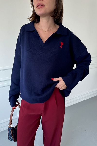 MAGARDE Navy Blue Polo Collar Original Heart Sweater