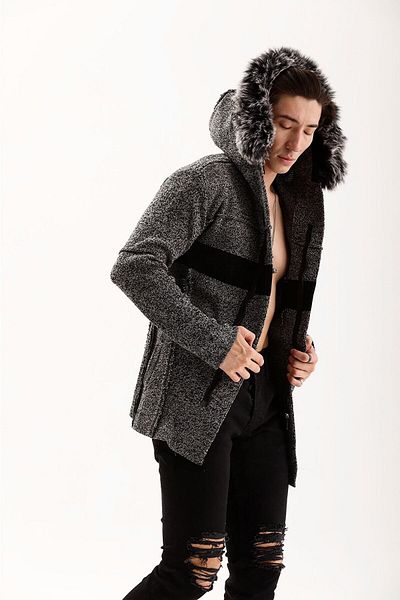 THIMOON Men's Gray Fur Hooded Slim Fit Zippered Long Cardigan with Pockets